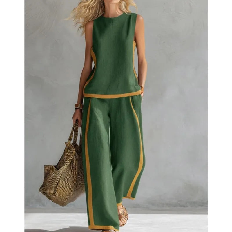 Women's 2-piece Set 2026 New Sleeveless Contrast Wide Leg Pants Suit Summer Casual Fashion Two-piece Trendy Style Women Clothing