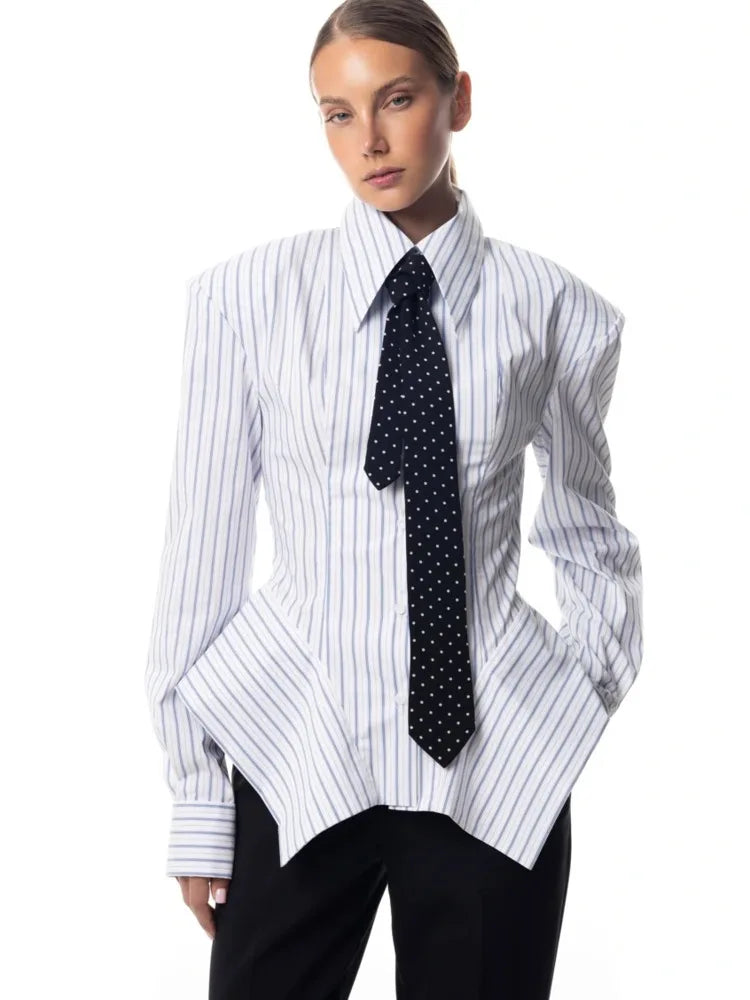Collar Striped Shirt Asymmetrical Hem Cinched Waist — White | KIMLUD