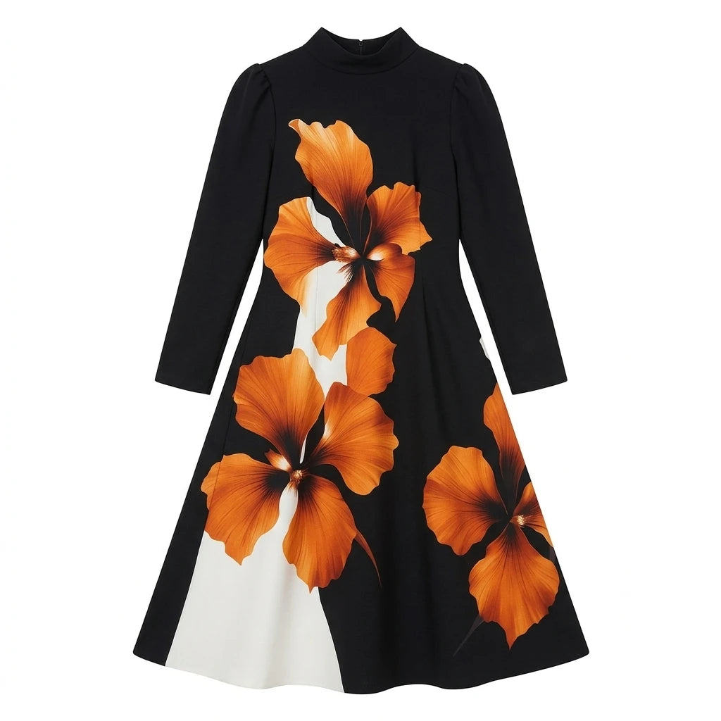 A-Line Midi Dress – Stand Collar – Polyester | KIMLUD
