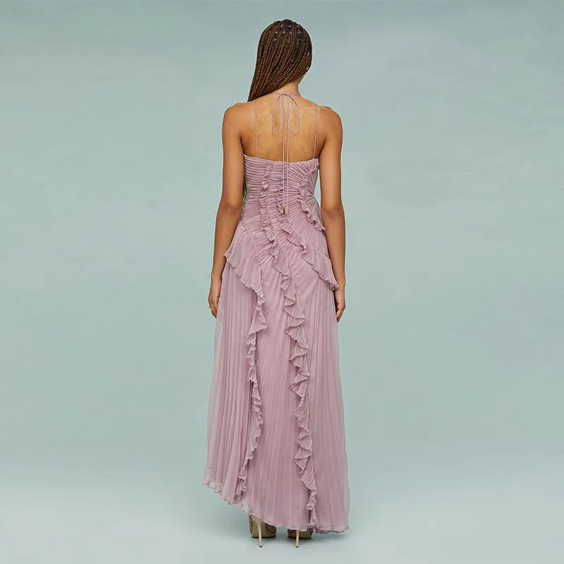 Ruffles Tiered Pleated Maxi Dress Women Summer Fashion A Line Backless Halter Sexy Dresses Gown Elegant Evening Long Party Dress