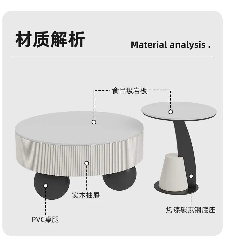 Minimalist Round Coffee Table With Storage Drawers — Ivory White | KIMLUD