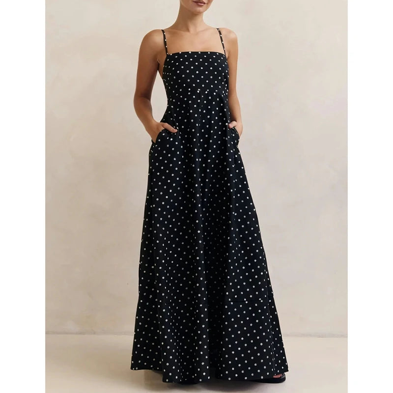 A-Line Dot Print Slip Dress Spaghetti Strap — Brown With White Dots | KIMLUD