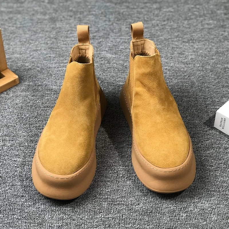 Men Thick Soled Suede Short Boots Retro Autumn Winter Comfortable  Fashionable Height Increasing Boots for Casual Young People
