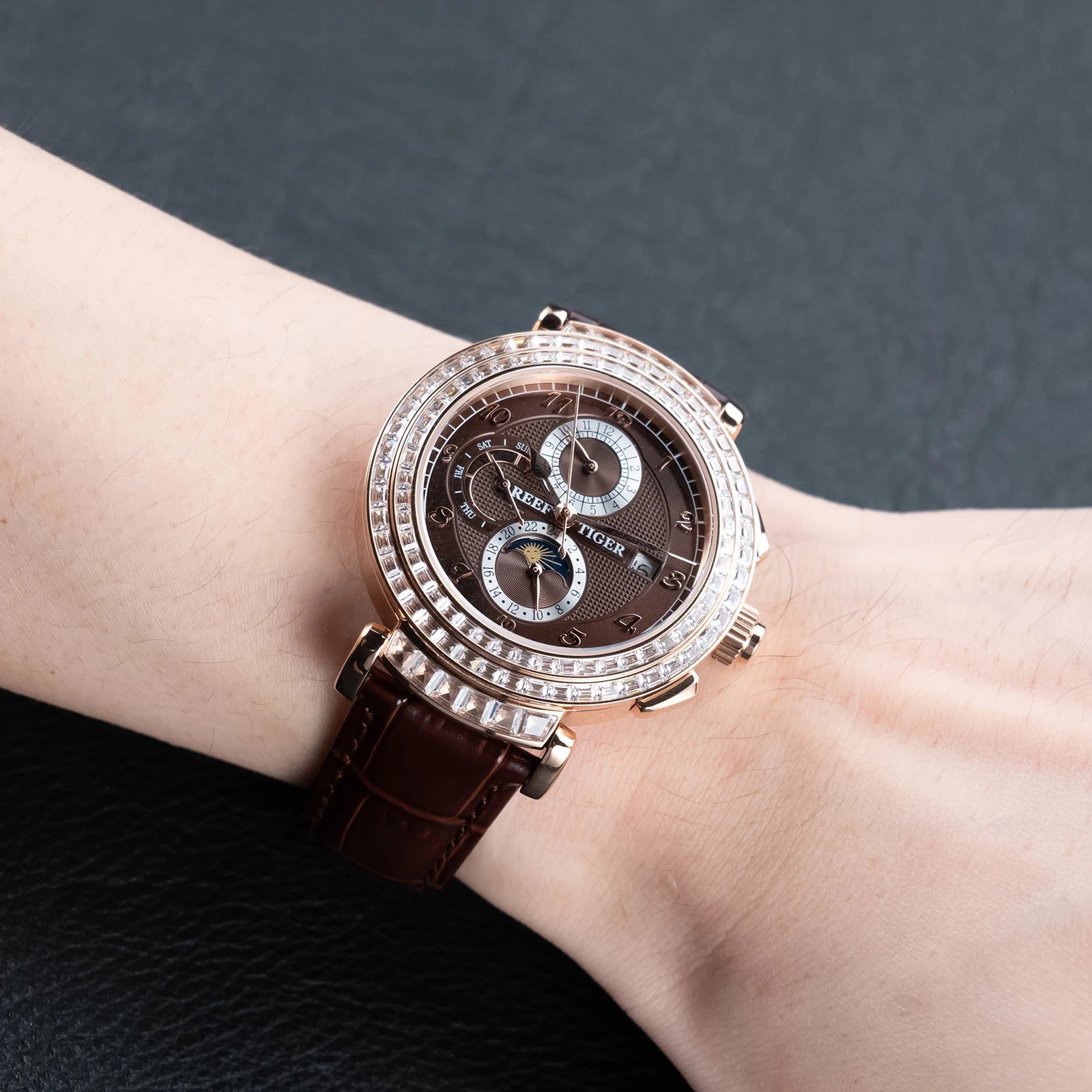 Rose Gold Moonphase Date Mechanical Watch — Brown | KIMLUD