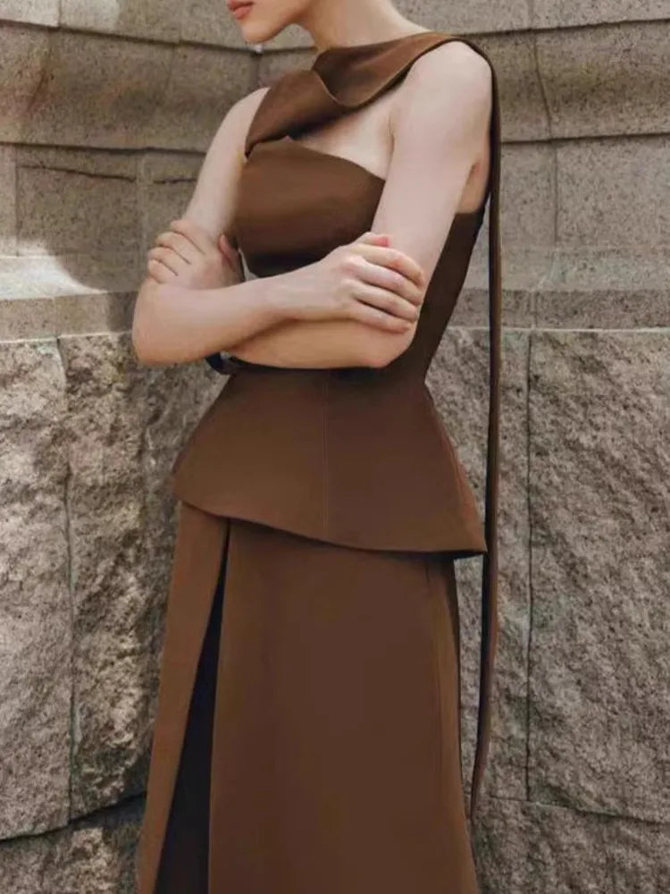 Eshin Luxury Brown Two-Piece Set Women Elegant One-Shoulder Peplum Top And High-Waisted Maxi Skirt With Sash Dubai SA1471