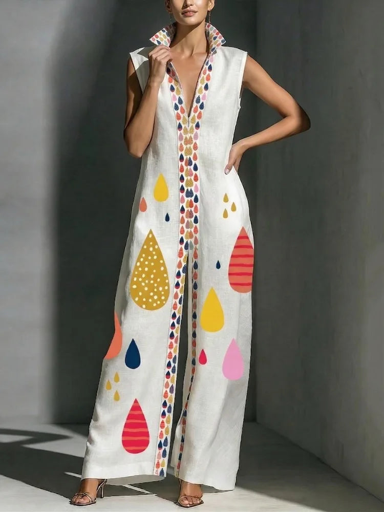 Jumpsuit – Colorful Printed Zipper Wide Leg – Polyester | KIMLUD