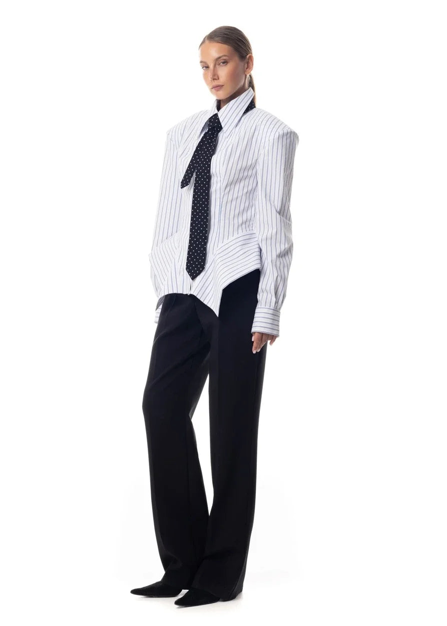 Collar Striped Shirt Asymmetrical Hem Cinched Waist — White | KIMLUD
