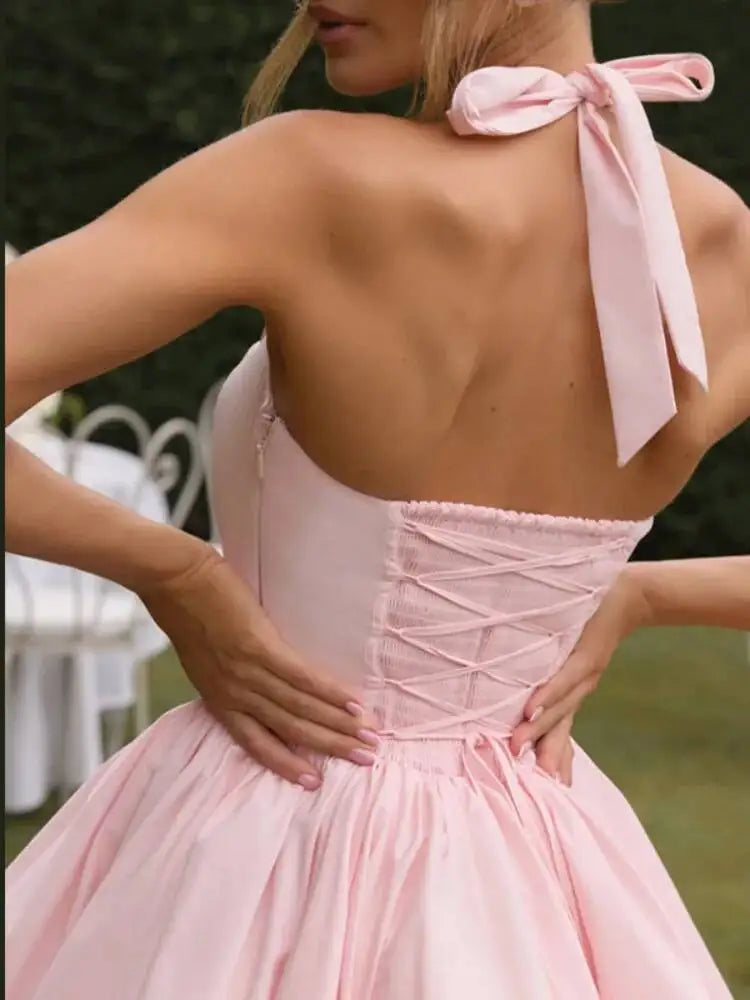 Elegant Pink Backless Pleated Lace-Up Halter Mini Dress Women Off Shoulder Sleeve Puff Hem A-Line Dresses Summer Lady Partywear