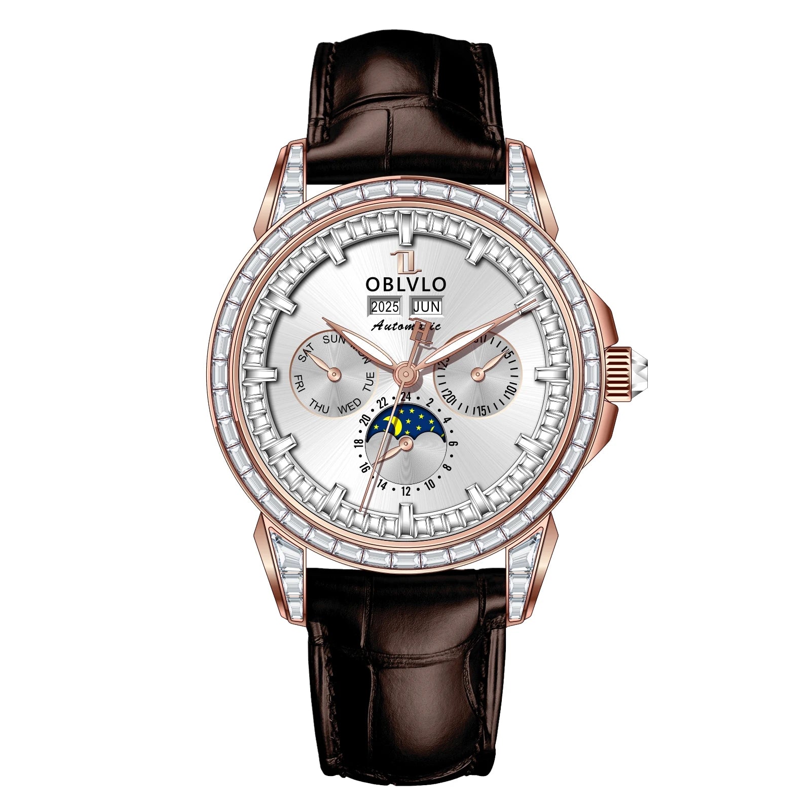 Moonphase Diamond Bezel Automatic Watch With White Dial Leather Strap — Rose Gold | KIMLUD