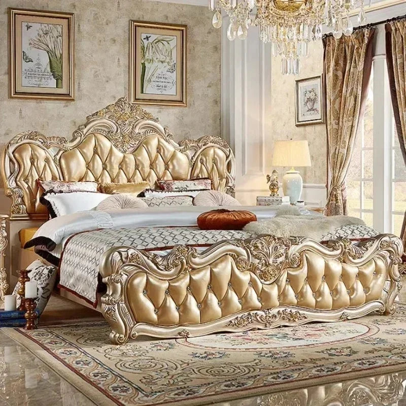 Luxury Gold Double Bed King Size Solid Wood Bedroom Set for Adults, Modern Princess Design Comfort Mattress