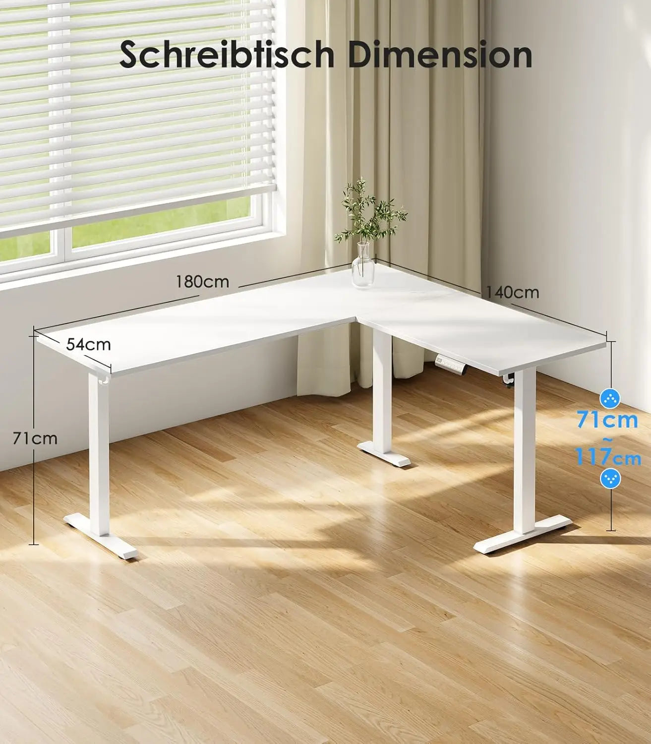 OffiGo L-Shaped Height Adjustable desk 180x140 cm desk Height Adjustable Electric White