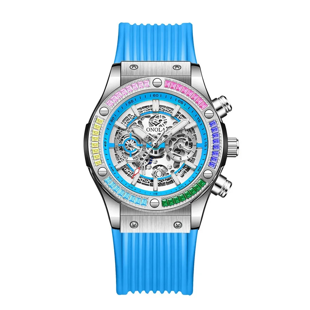 Silicone Strap Rainbow Diamond Watch 45mm Hardlex Dial, Date, Luminous Hands, 3Bar Water Resistant — Rainbow | KIMLUD