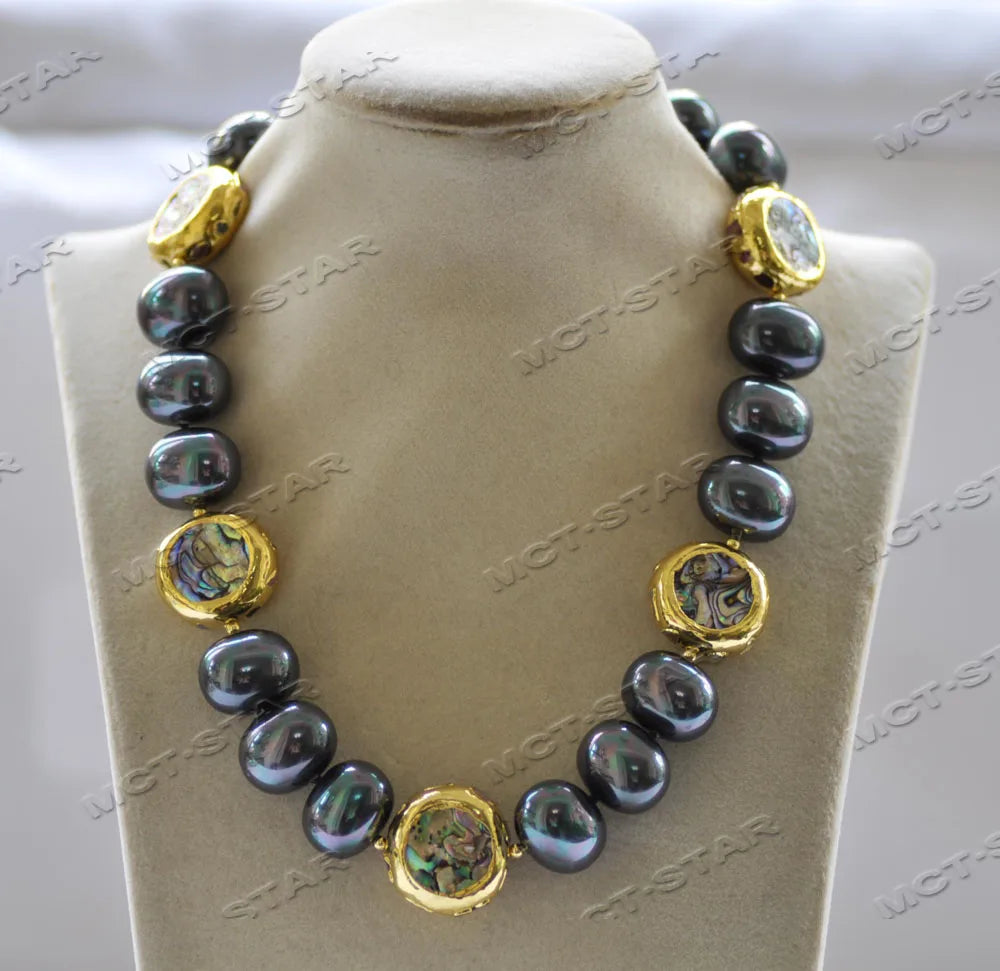 Z12723 18" 25mm Abalone Shell Gold-Plated Peacock-Black White Egg South Sea Shell Pearl Necklace