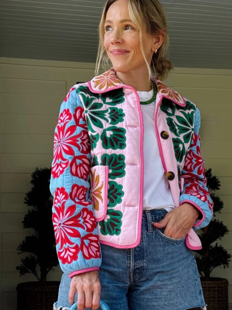 Women Print Cotton Jacket Colorful Casual Turn-down Collar Long Sleeve Single Breasted Pocket Jackets Autumn Winter Fashion Coat