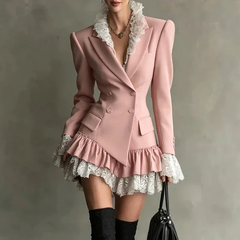 Blazer Dress – Double Breasted Lace Trim – Polyester | KIMLUD