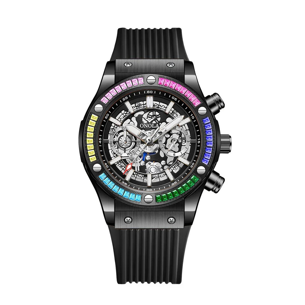 Silicone Strap Rainbow Diamond Watch 45mm Hardlex Dial, Date, Luminous Hands, 3Bar Water Resistant — Rainbow | KIMLUD