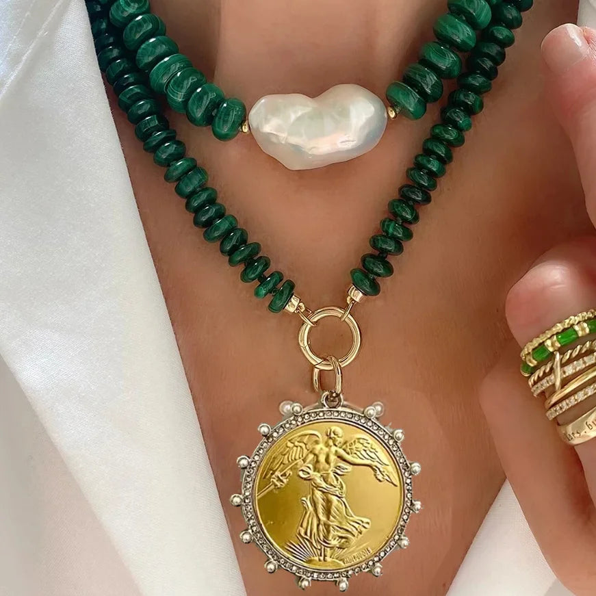 Pendant Necklace – Freshwater Pearl Coin Pendant – Choker – Turquoise | KIMLUD