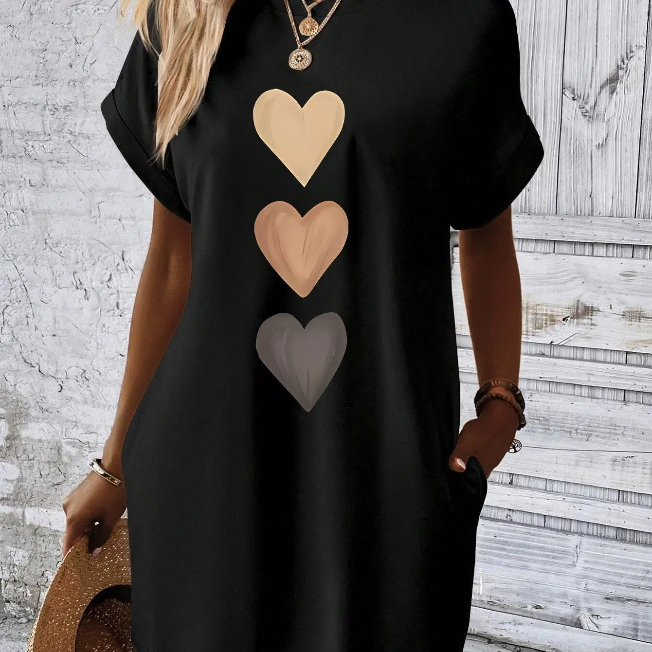 Knit Polyester Dress Three Heart Print Pockets — Black | KIMLUD
