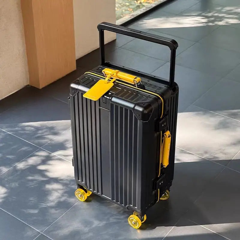 Wide-Handle Travel Suitcase With Cup Holder — Black | KIMLUD
