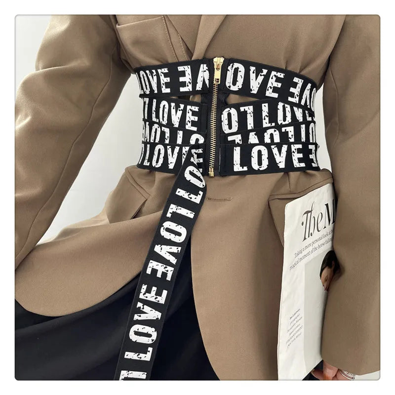 GetSpring Women Cummerbunds Letter Printed Zipper Black Wide Belt Fashion Elastic Waistband All Match Ladies Waist Band Corset