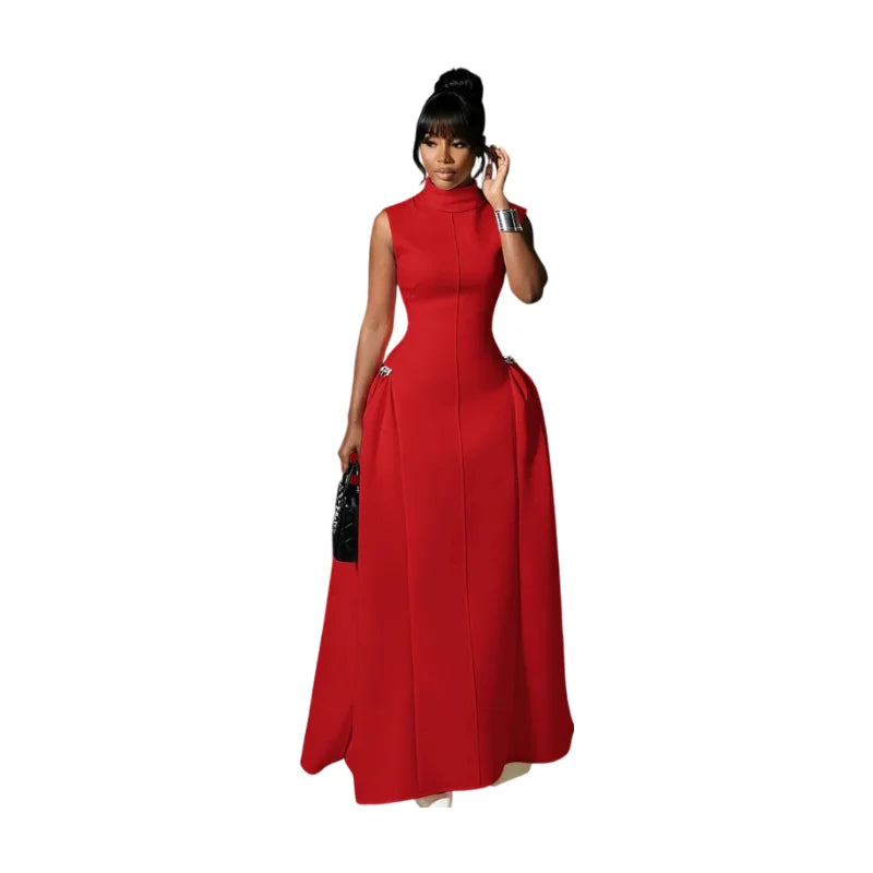 Women High Neck Sleeveless Fitted Floor Length Maxi Dress With Side Flared Detail For Formal Gala Wedding And Evening Party Occasion