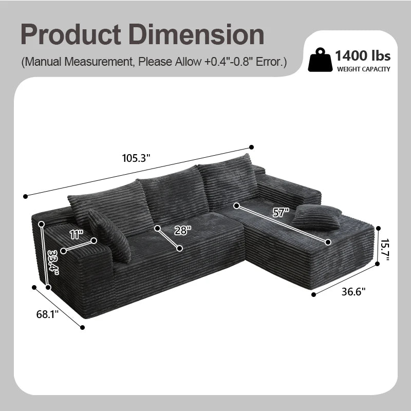 Corduroy L-Shaped Sofa Bed — Deep Seat, 105-Inch — Charcoal Gray | KIMLUD