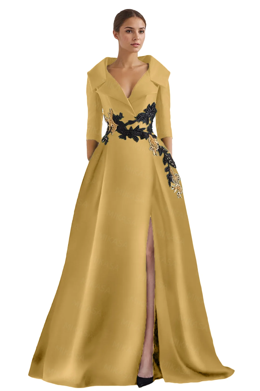 KIMLUD, Classic Satin Evening Dresses For Women Wedding Party Guest V-neck Three Quarter A-line Side Slit Elegant Prom vestidos de gala, KIMLUD Womens Clothes