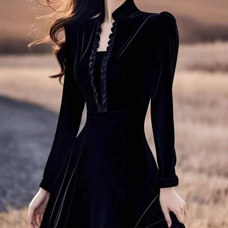 Velvet Midi Dress – Stand Collar Long Sleeve – Black | KIMLUD