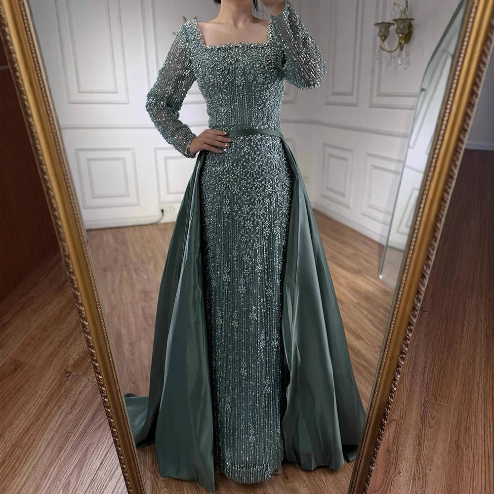 Mermaid Beaded Evening Gown With Overskirt And Built-In Bra In Luxe Beadwork — Caramel | KIMLUD