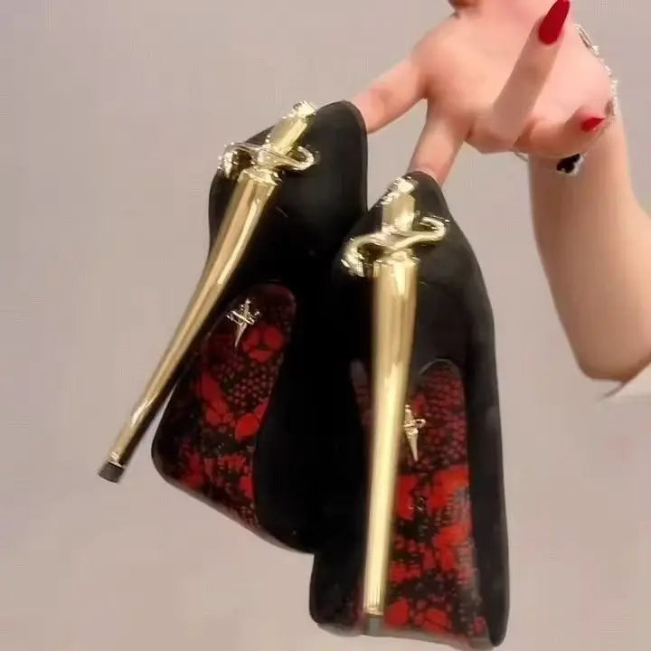 2026 Early New High Heels Women's Fine Heels Pointed Metal Swords Sexy Queen Black Lacquer Leather Single Shoes