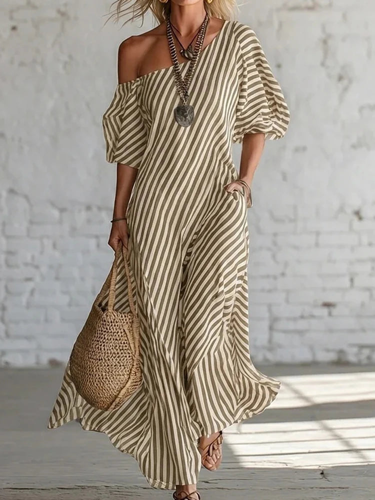 Polyester Patchwork Striped Maxi Dress — Black | KIMLUD