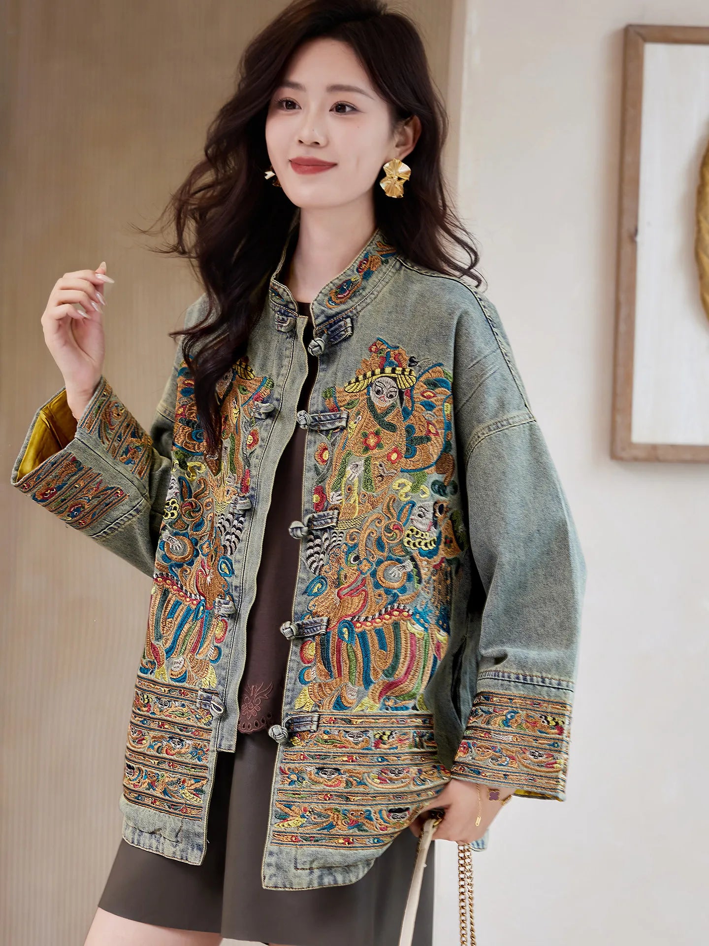 Women Distressed Denim Jacket Heavy Embroidery Lucky Chinese Style 2026 Spring Loose Casual Jean Coat