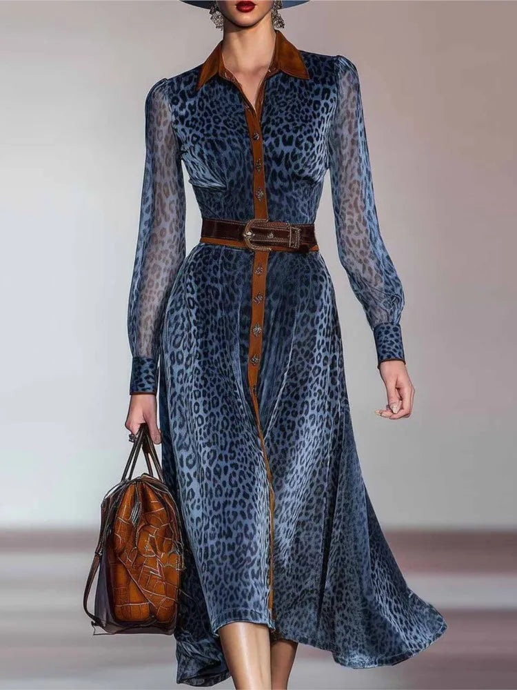 Sleek Polyester Leopard Print Dress — Blue | KIMLUD