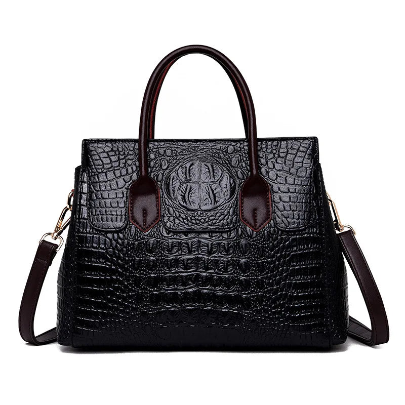 Genuine Leather Shoulder Bag Crocodile — Black | KIMLUD