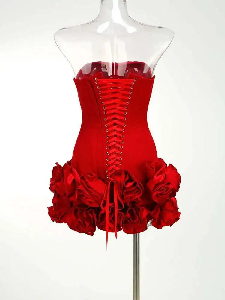 Red Solid Spliced Appliques Slim Backless Short Dresses For Women Strapless Sleevelss Patchwork Lace Up Dress Female Sexy LSW7