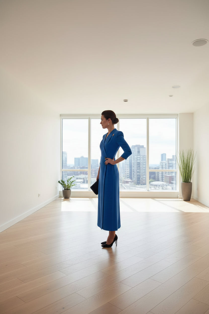 Polyester A-Line Long-Sleeve Formal Dress With Subtle Button Detailing — Blue | KIMLUD