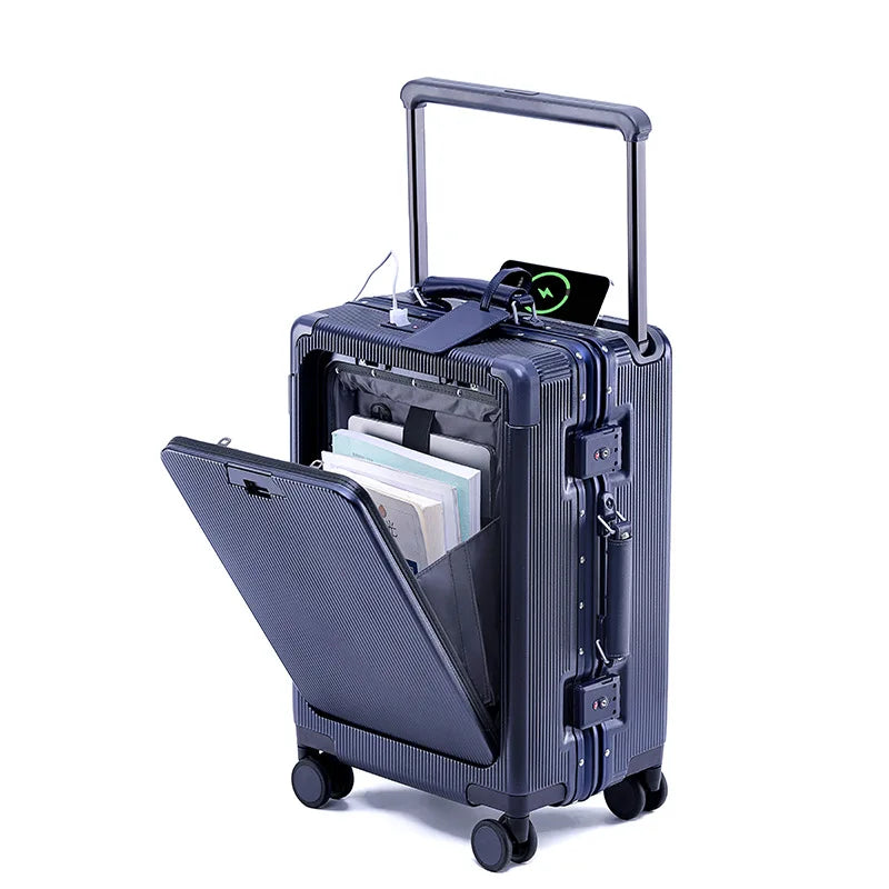New Suitcase Wide Handle Front Opening Luggage with USB Cup Holder 20/26 Inch Suitcase Trip Cabin Carry-on Password Trolley Case