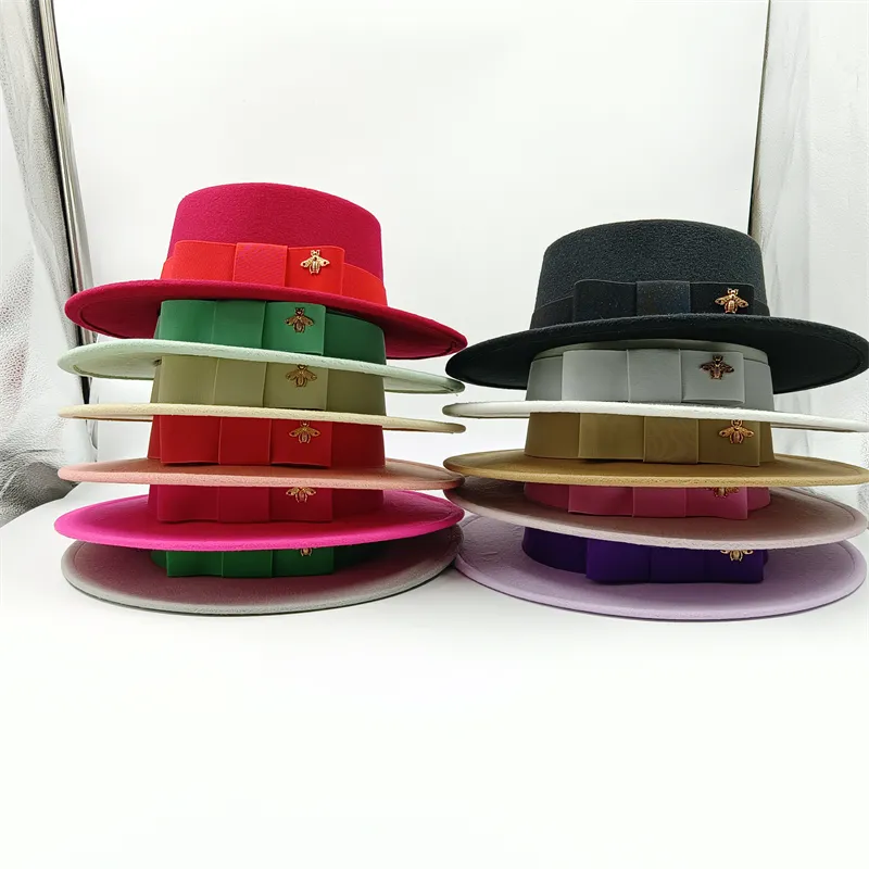 Wholesale Fedora hats Winter round concave convex surface flat top bow elastic ribbon men&#39;s and women&#39;s felt jazz hats Fedora - KIMLUD