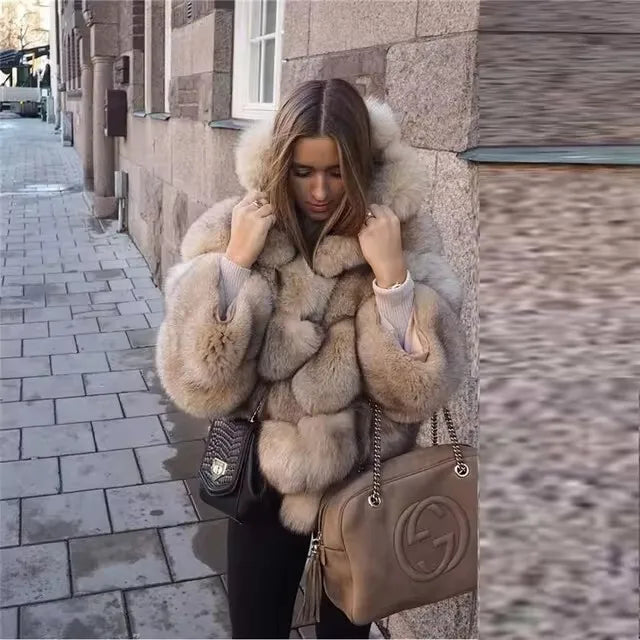 DEAT Fashion Imitation Fox Fur Grass Jacket Women's Hooded Loose Long Sleeves Patchwork Plush Thick Coat Winter New 7A975