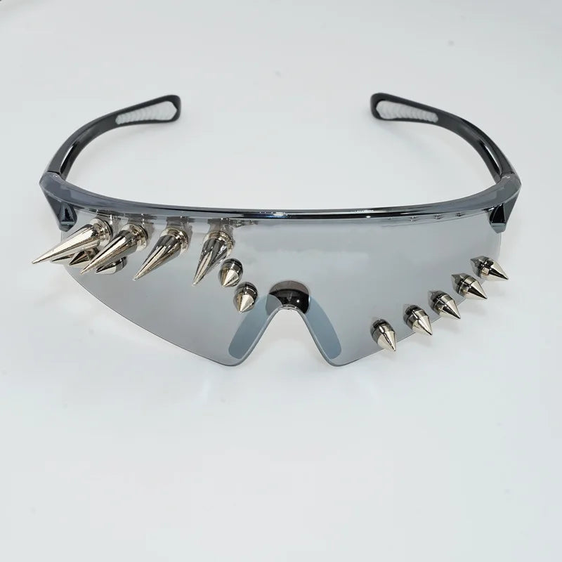 Rivet-Decor Resin Shield Sunglasses — Silver | KIMLUD