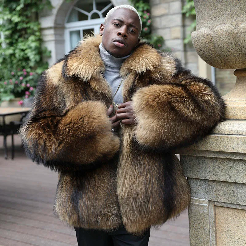 JANEFUR Men's Winter Raccoon Coat Thick Collar Warm Coat Real Raccoon Fur Coat Luxury Fashion
