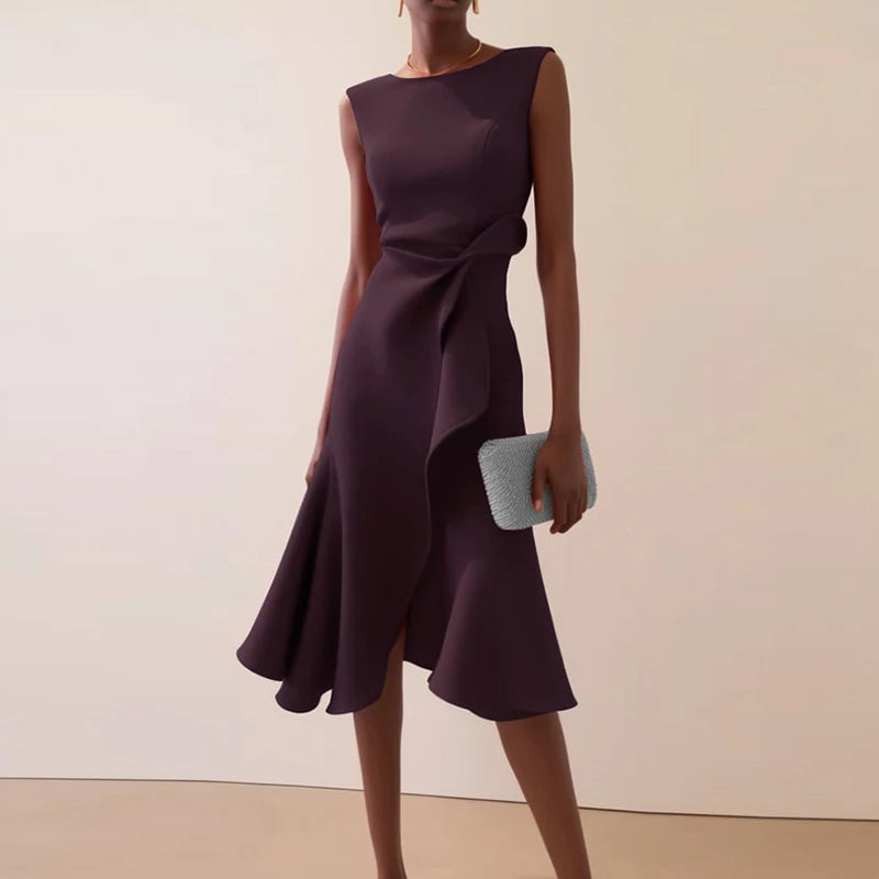 O-Neck A-Line Dress With Knot And Ruffle — Pink | KIMLUD