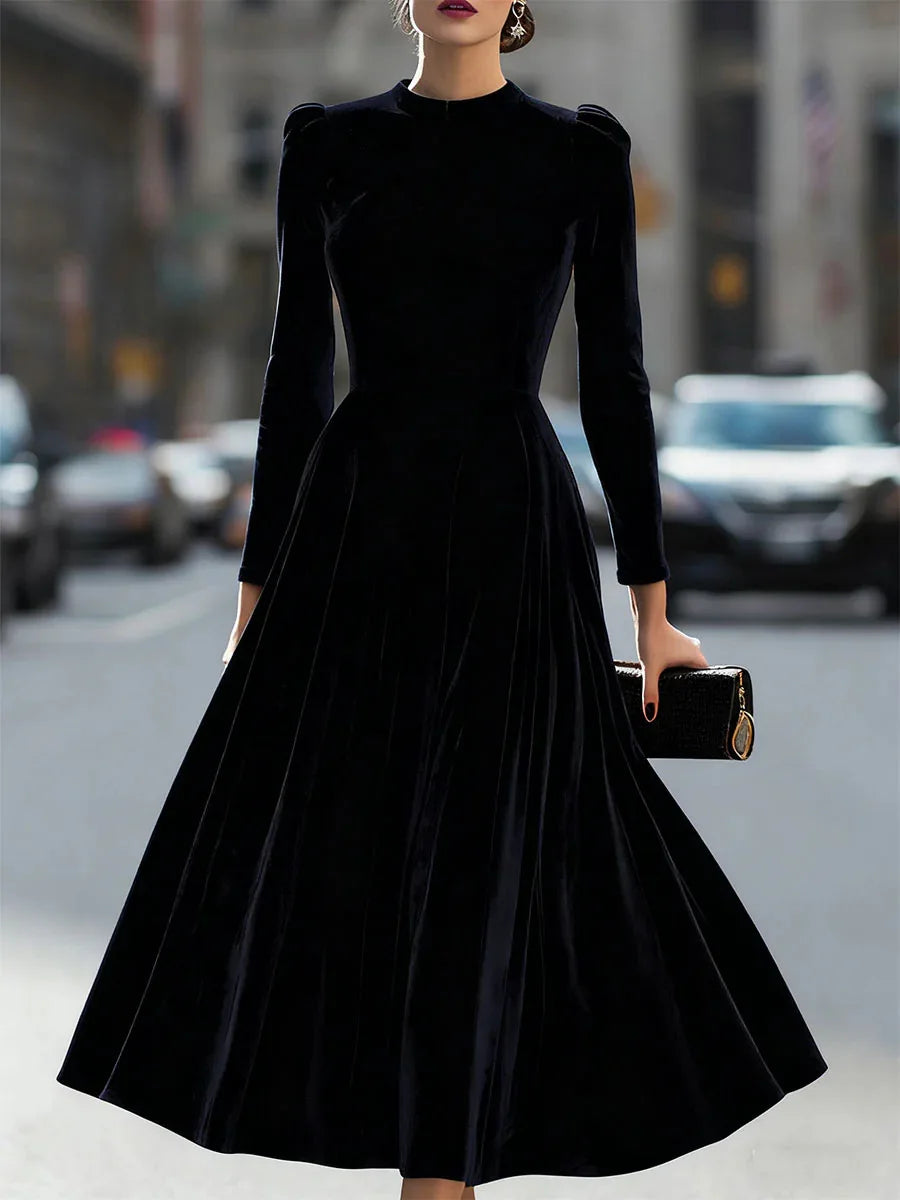 Velvet Dress Long Sleeve Round-Neck Midi — Navy | KIMLUD