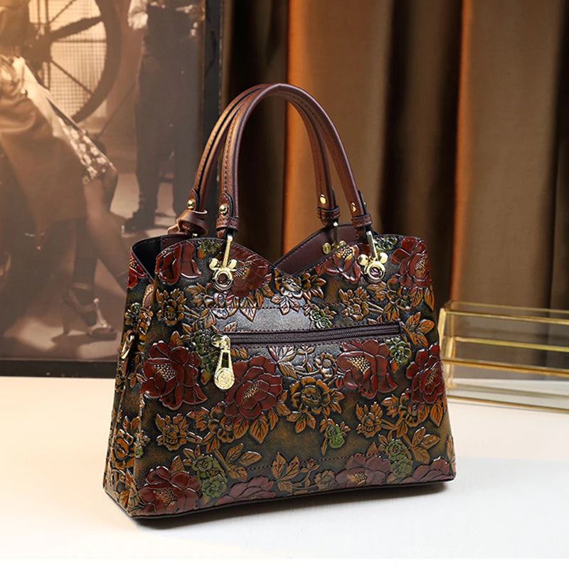 PU Leather Tote Bag Crossbody Floral Pattern — Black | KIMLUD