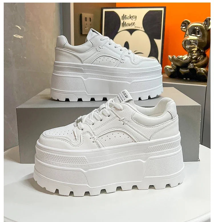 Platform Sneakers 8cm Lace-Up Cushioned Insole For All-Day Comfort — White | KIMLUD