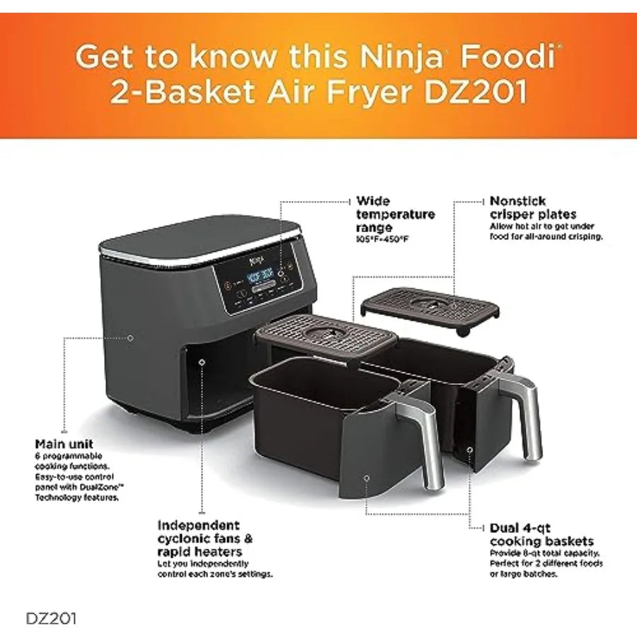 6-in-1 DualZone Air Fryer with 8-Quart Capacity and 2-Basket Design for Efficient Cooking Ideal for Large Families and Meal Pre