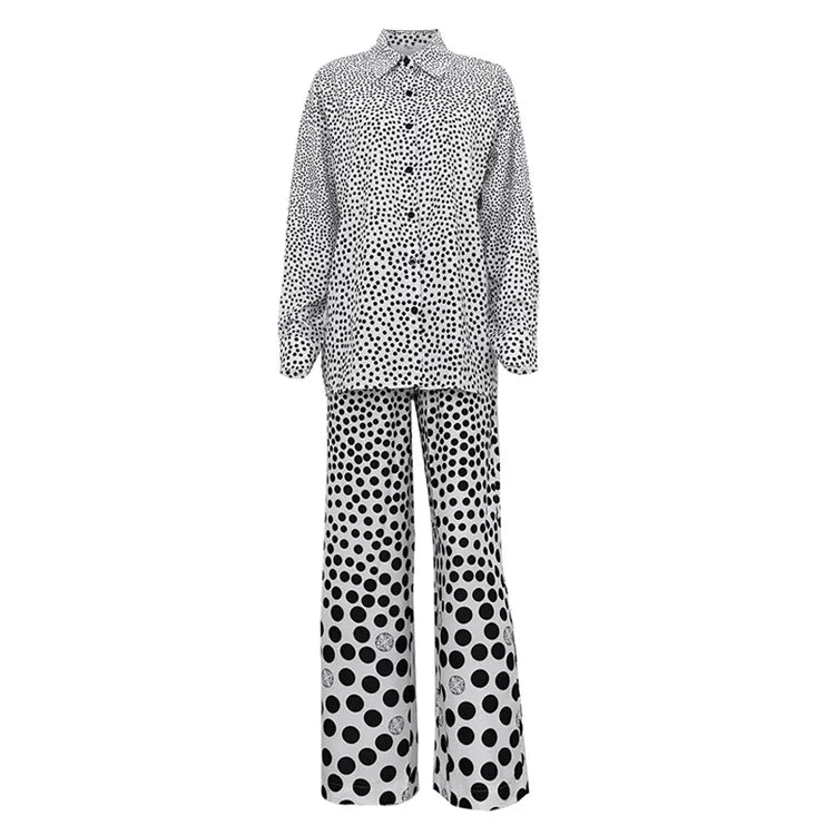 Two-Piece Pajama Set – Long Sleeve Top and Wide-Leg Pants – Polyester | KIMLUD