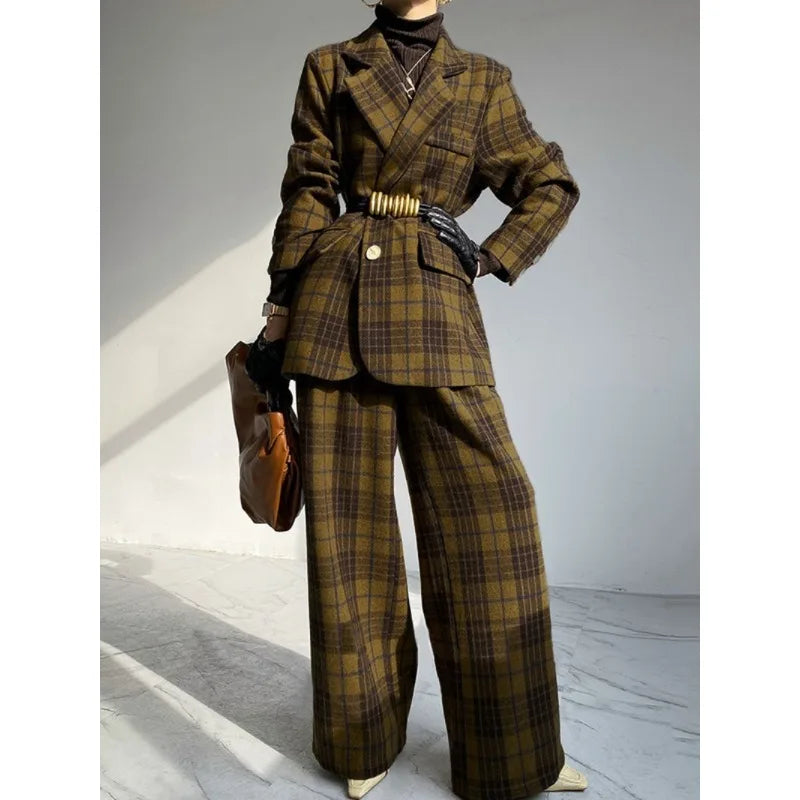 Woolen Blend Jacket Plaid Notch Collar Long Sleeve — Charcoal | KIMLUD