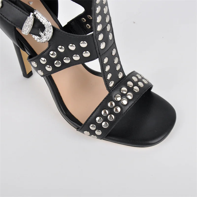 PU Gladiator Buckle Strappy Sandals Round Toe Stiletto 11 cm Heels — Black | KIMLUD