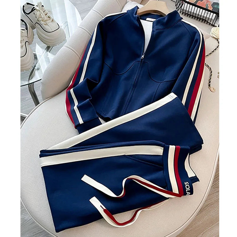 Blue Casual Sports Suit Women's Autumn and Winter Stylish Slimming Cardigan Sweatshirt Straight Leg Pants Two-piece Setpant Sets